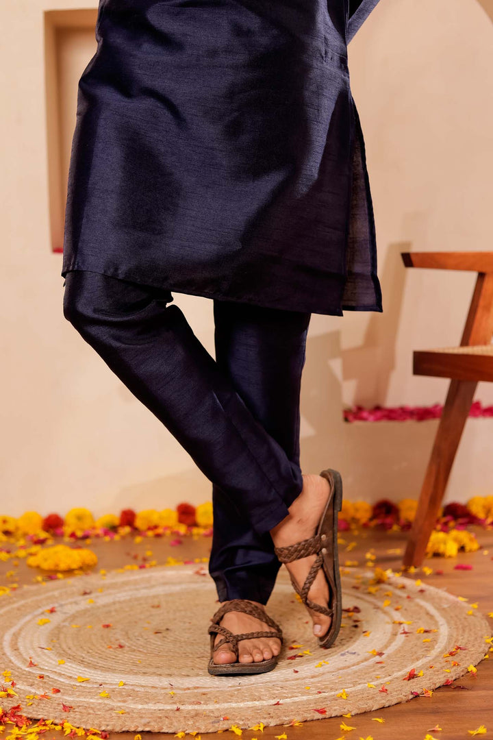 Navy Blue Raw Silk Kurta Suit with Intricate work on neckline.