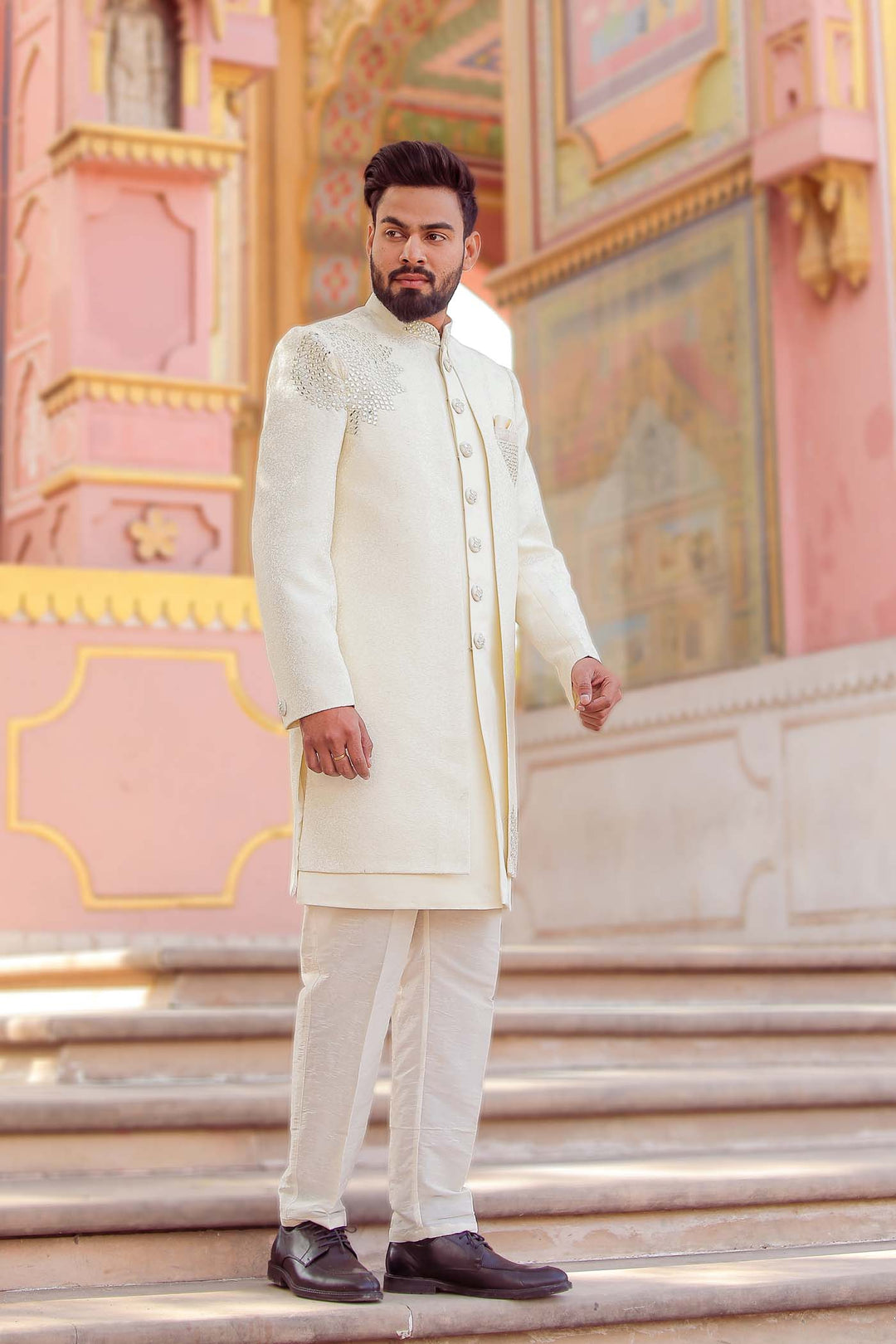 Ivory Brocade Silk Jacket Style Indo-wester Suit.