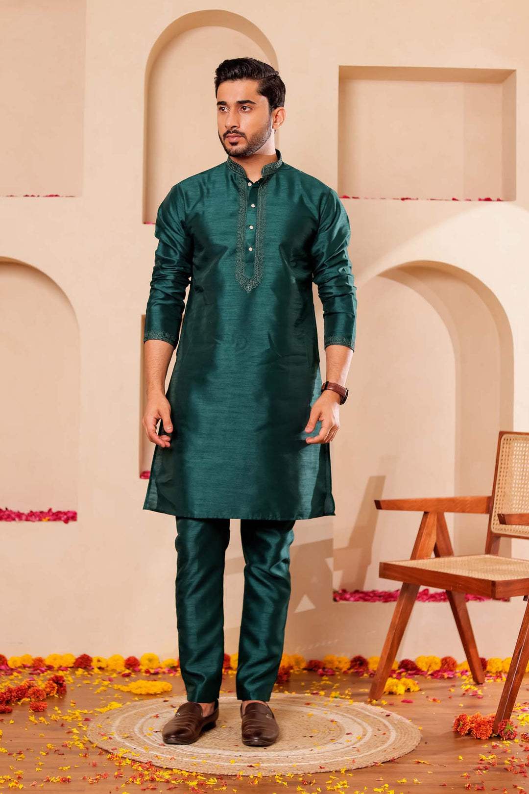 Bottle Green Raw Silk Kurta Suit with Intricate work on neckline.