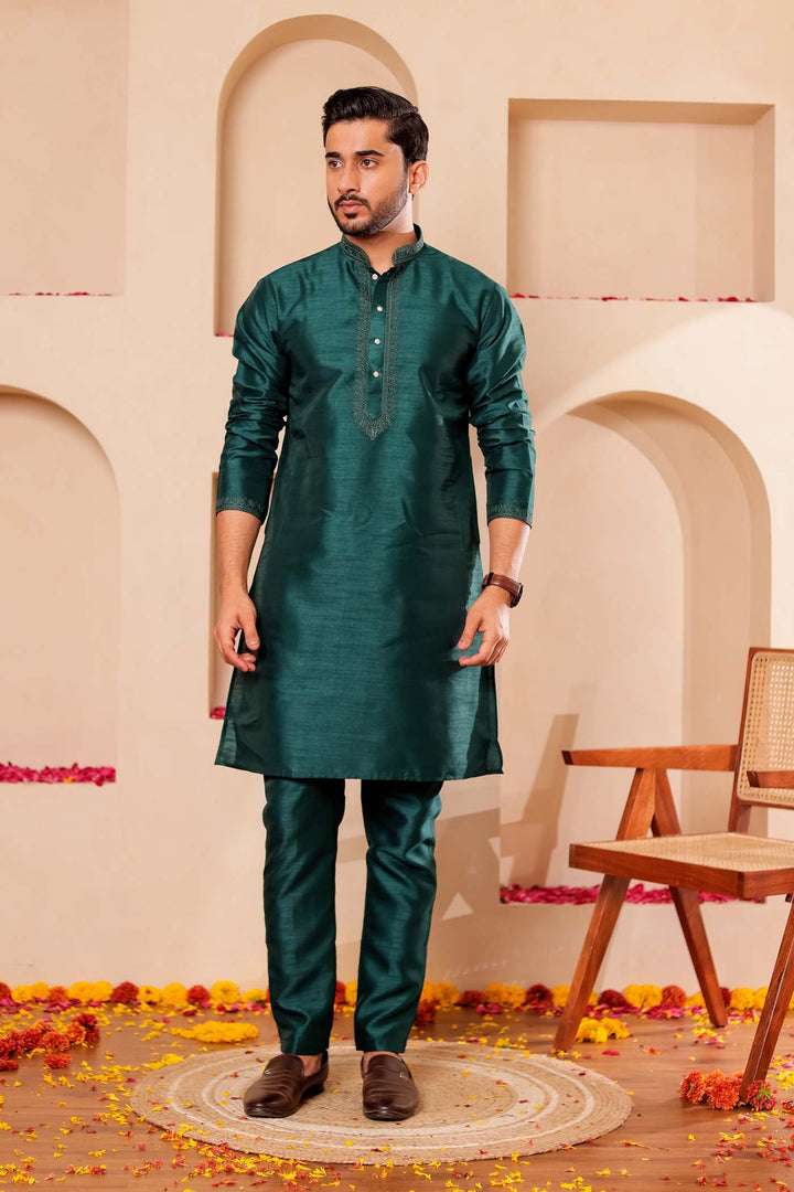 Bottle Green Raw Silk Kurta Suit with Intricate work on neckline.
