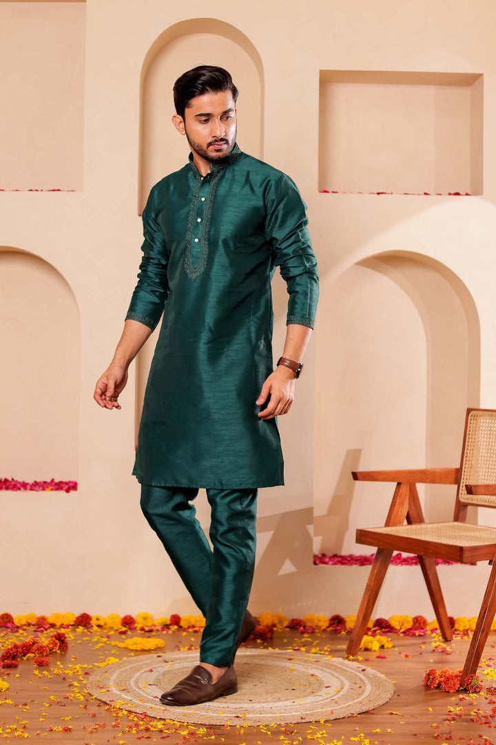 Bottle Green Raw Silk Kurta Suit with Intricate work on neckline.