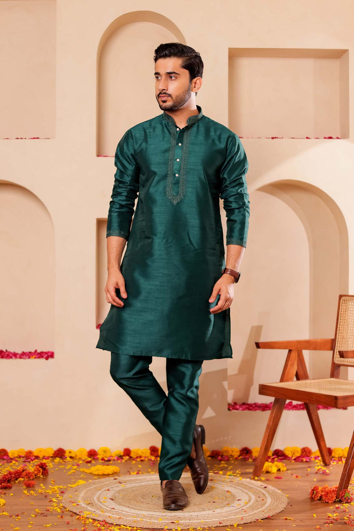Bottle Green Raw Silk Kurta Suit with Intricate work on neckline.