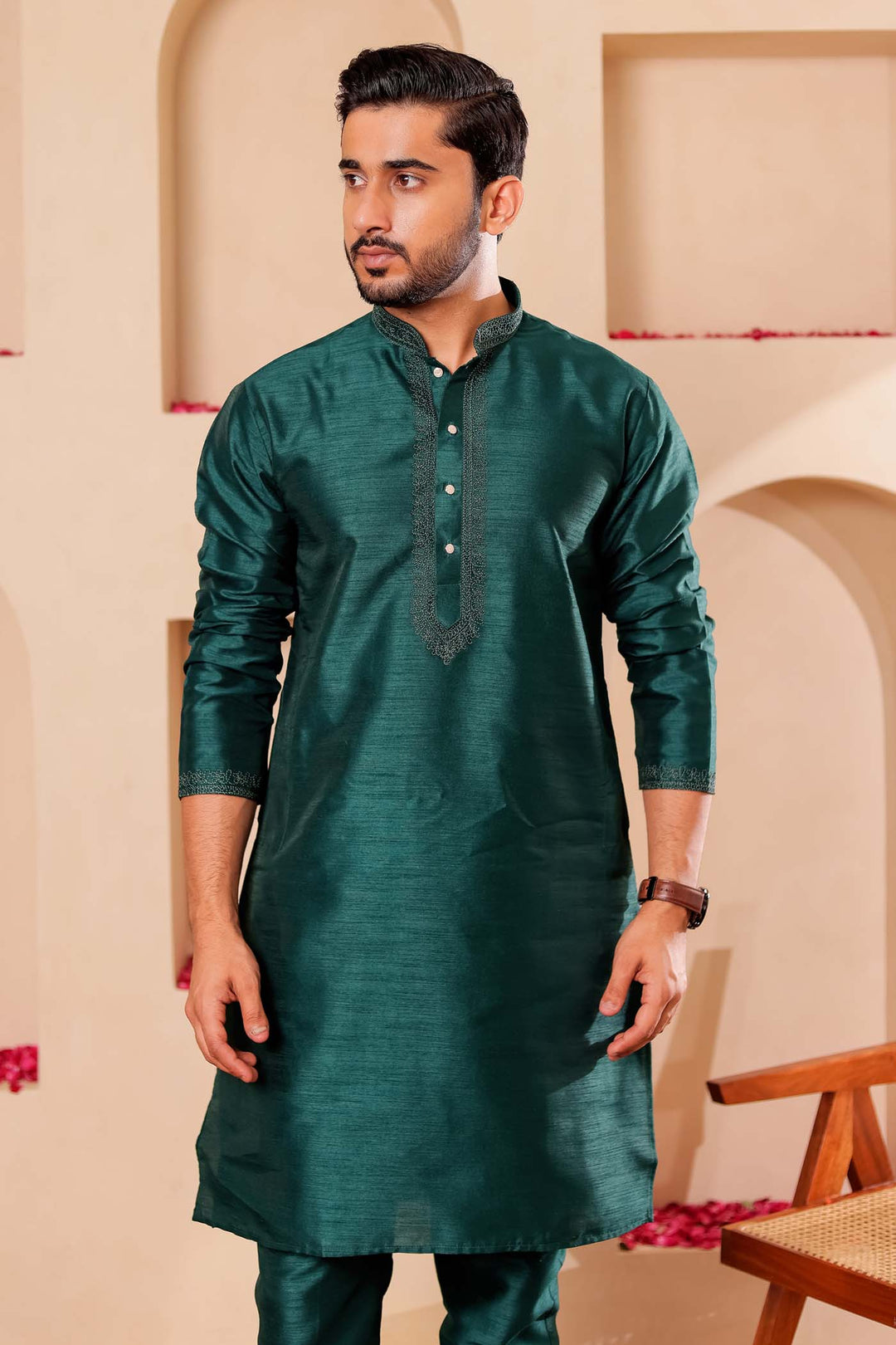 Bottle Green Raw Silk Kurta Suit with Intricate work on neckline.