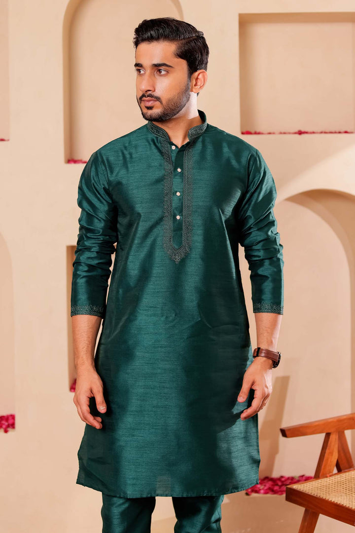 Bottle Green Raw Silk Kurta Suit with Intricate work on neckline.