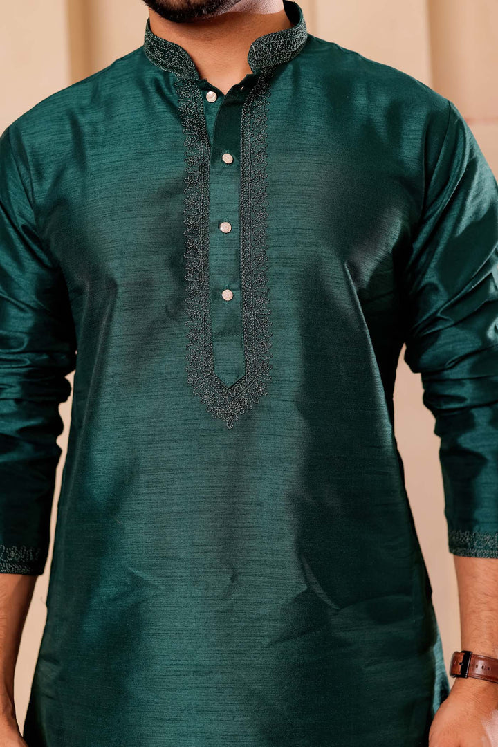 Bottle Green Raw Silk Kurta Suit with Intricate work on neckline.