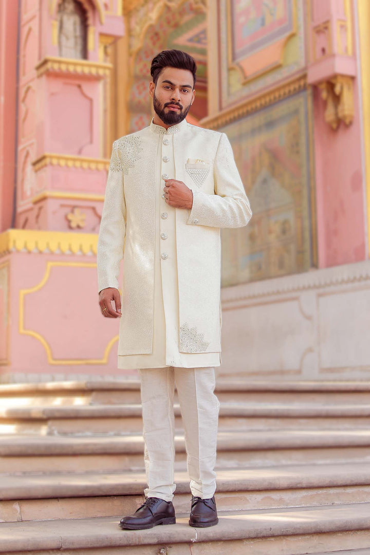 Ivory Brocade Silk Jacket Style Indo-wester Suit.