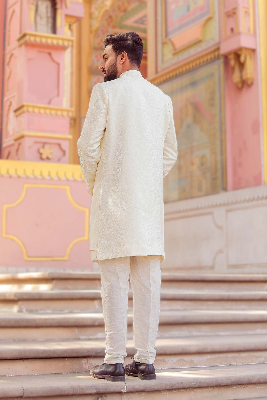 Ivory Brocade Silk Jacket Style Indo-wester Suit.