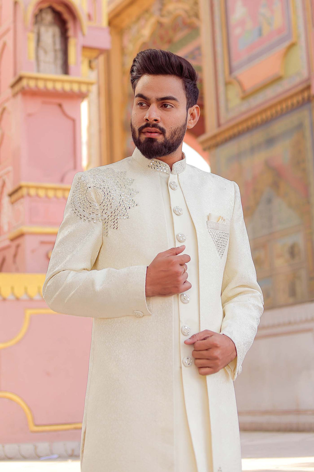 Ivory Brocade Silk Jacket Style Indo-wester Suit.