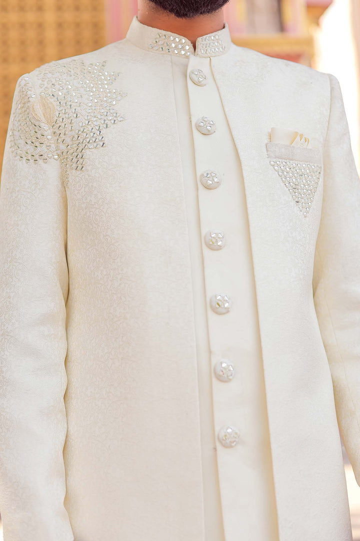 Ivory Brocade Silk Jacket Style Indo-wester Suit.