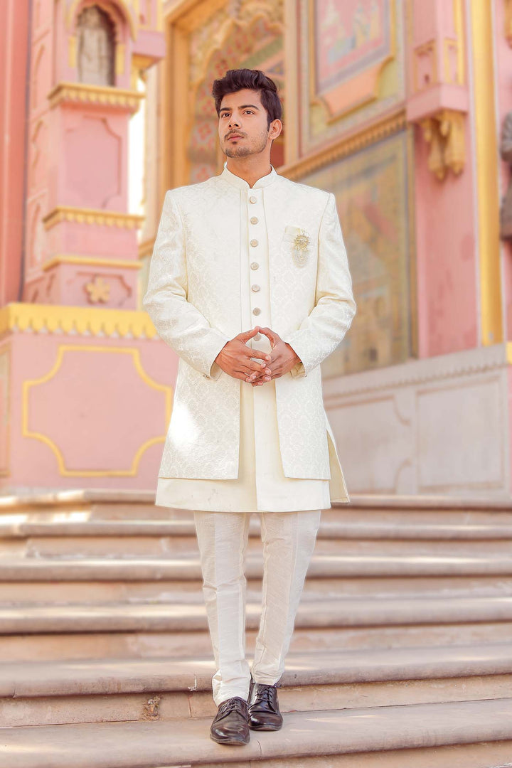 Cream Brocade Silk Jacket Style Indo-wester Suit.