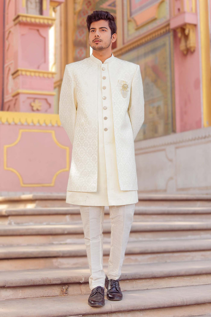 Cream Brocade Silk Jacket Style Indo-wester Suit.