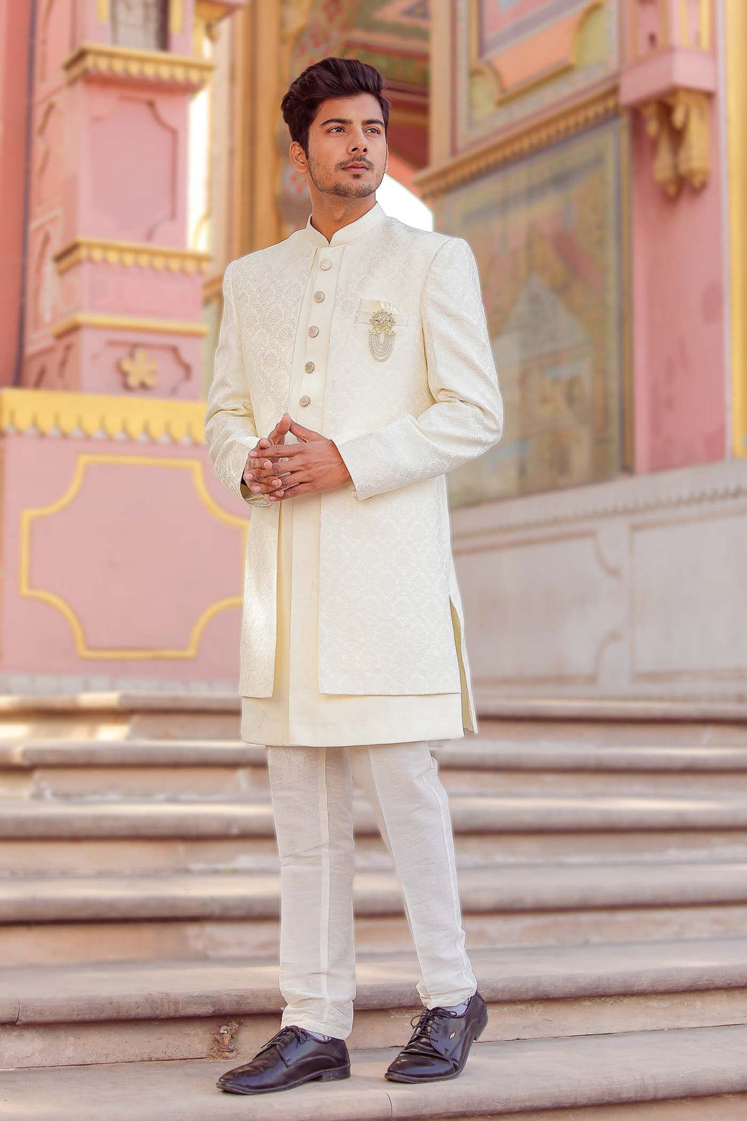 Cream Brocade Silk Jacket Style Indo-wester Suit.