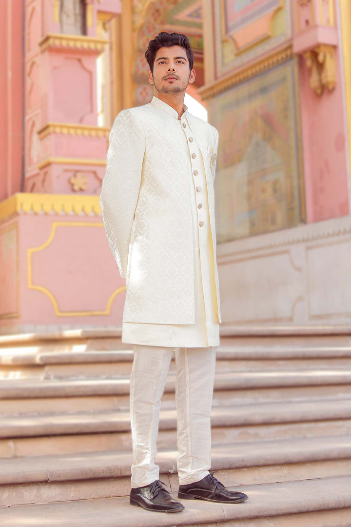 Cream Brocade Silk Jacket Style Indo-wester Suit.