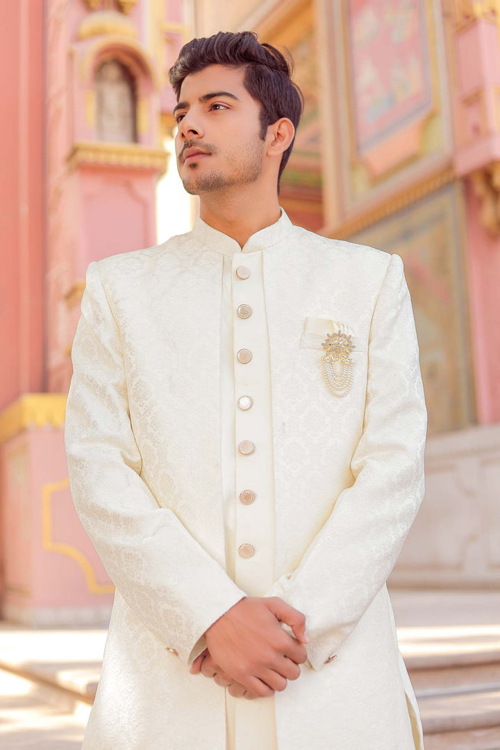 Cream Brocade Silk Jacket Style Indo-wester Suit.