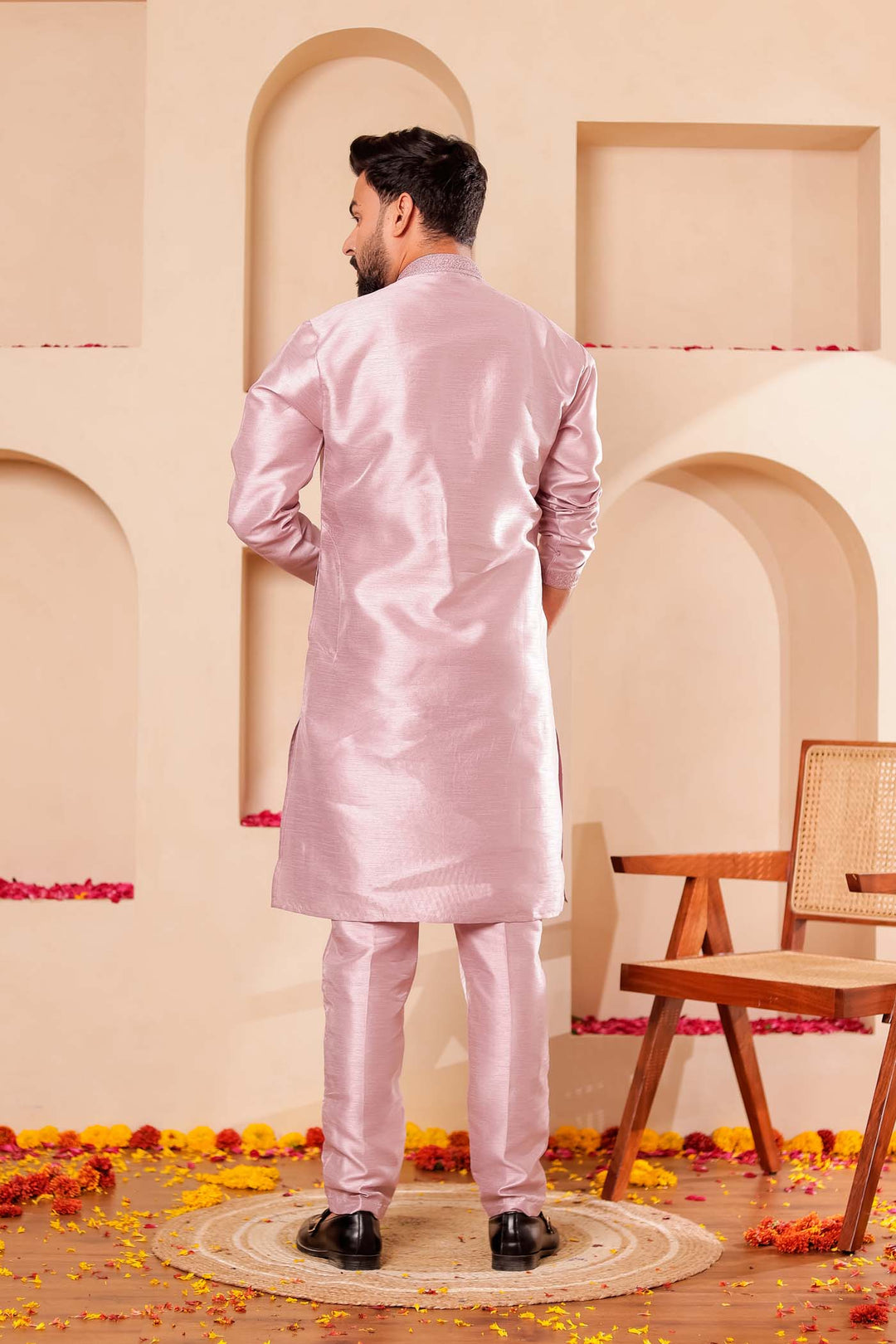 Dusty Lilac Raw Silk Kurta Suit with Intricate work on neckline.