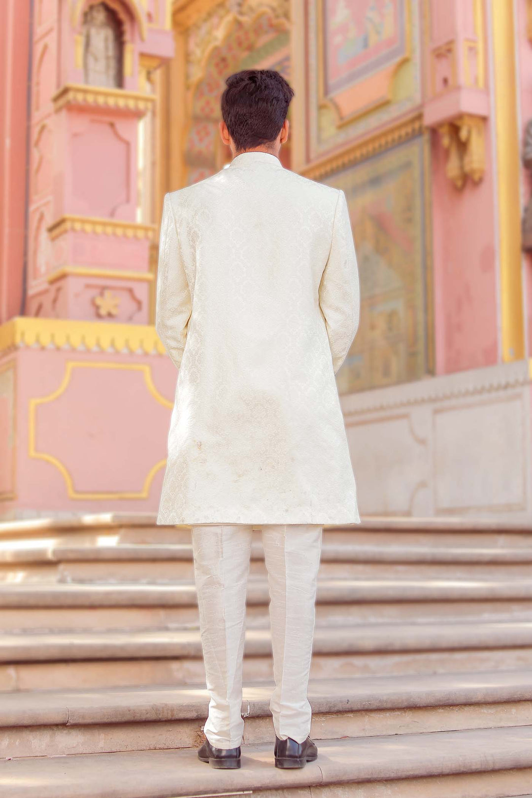 Cream Brocade Silk Jacket Style Indo-wester Suit.