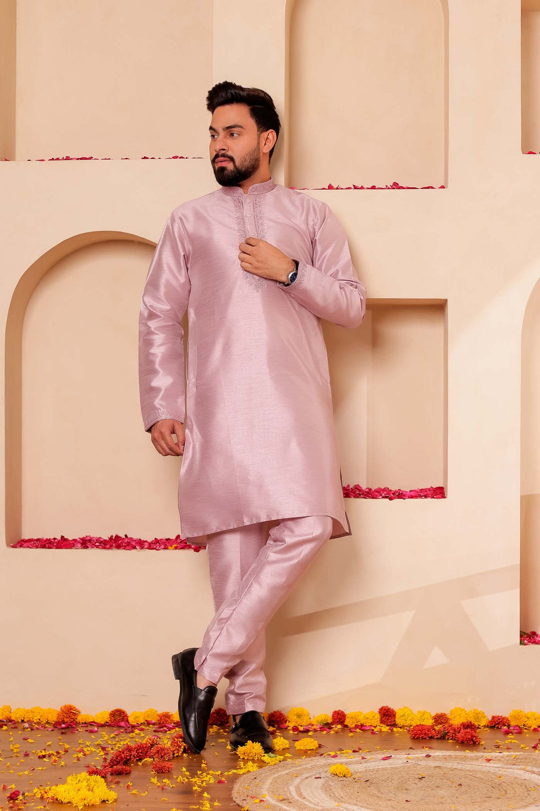 Dusty Lilac Raw Silk Kurta Suit with Intricate work on neckline.