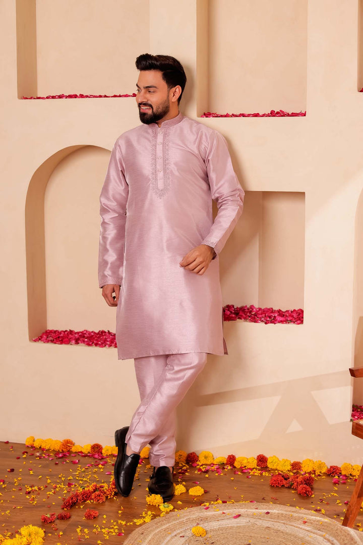 Dusty Lilac Raw Silk Kurta Suit with Intricate work on neckline.
