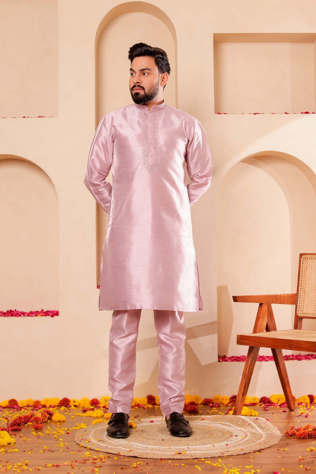 Dusty Lilac Raw Silk Kurta Suit with Intricate work on neckline.