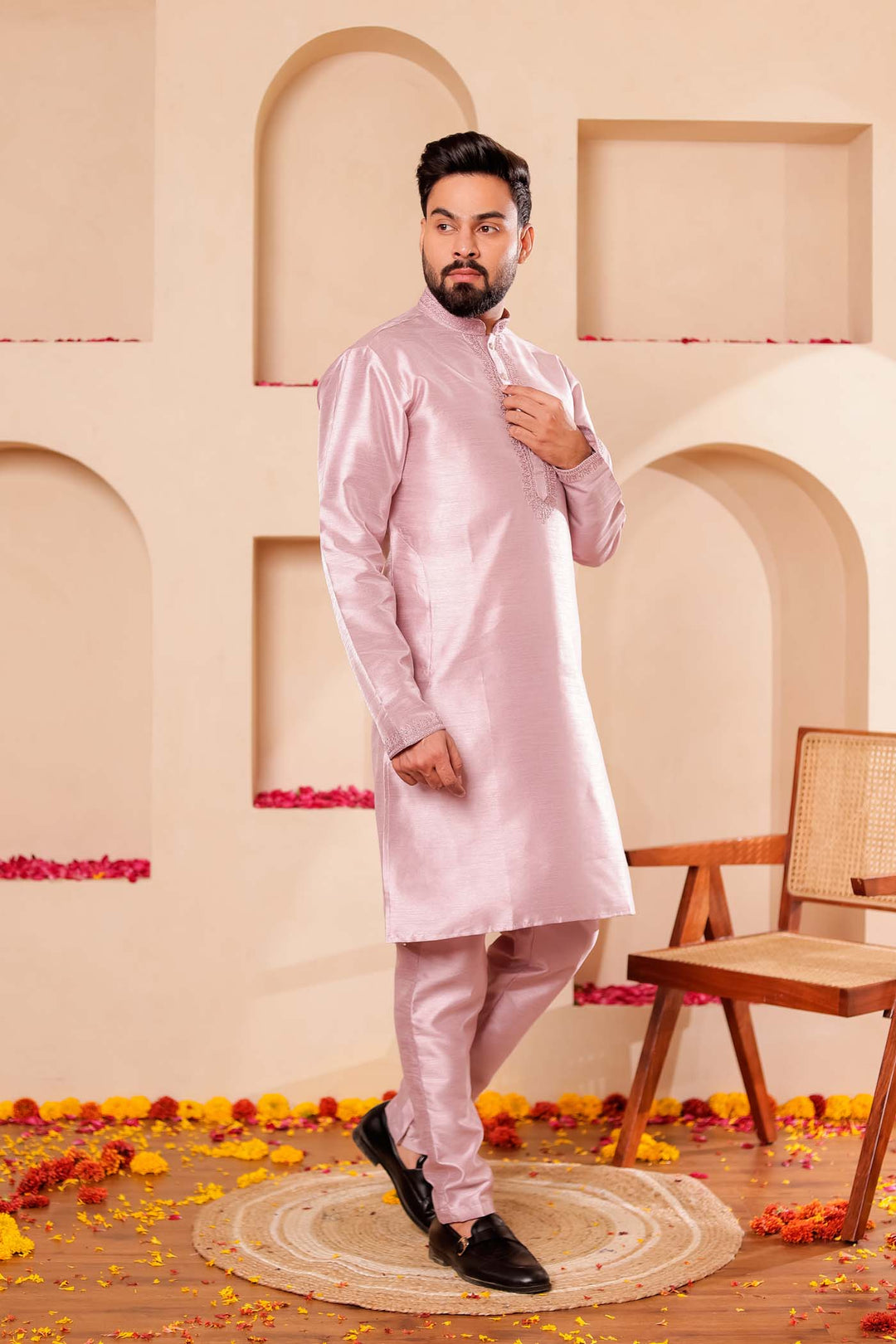Dusty Lilac Raw Silk Kurta Suit with Intricate work on neckline.