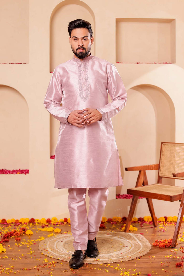 Dusty Lilac Raw Silk Kurta Suit with Intricate work on neckline.