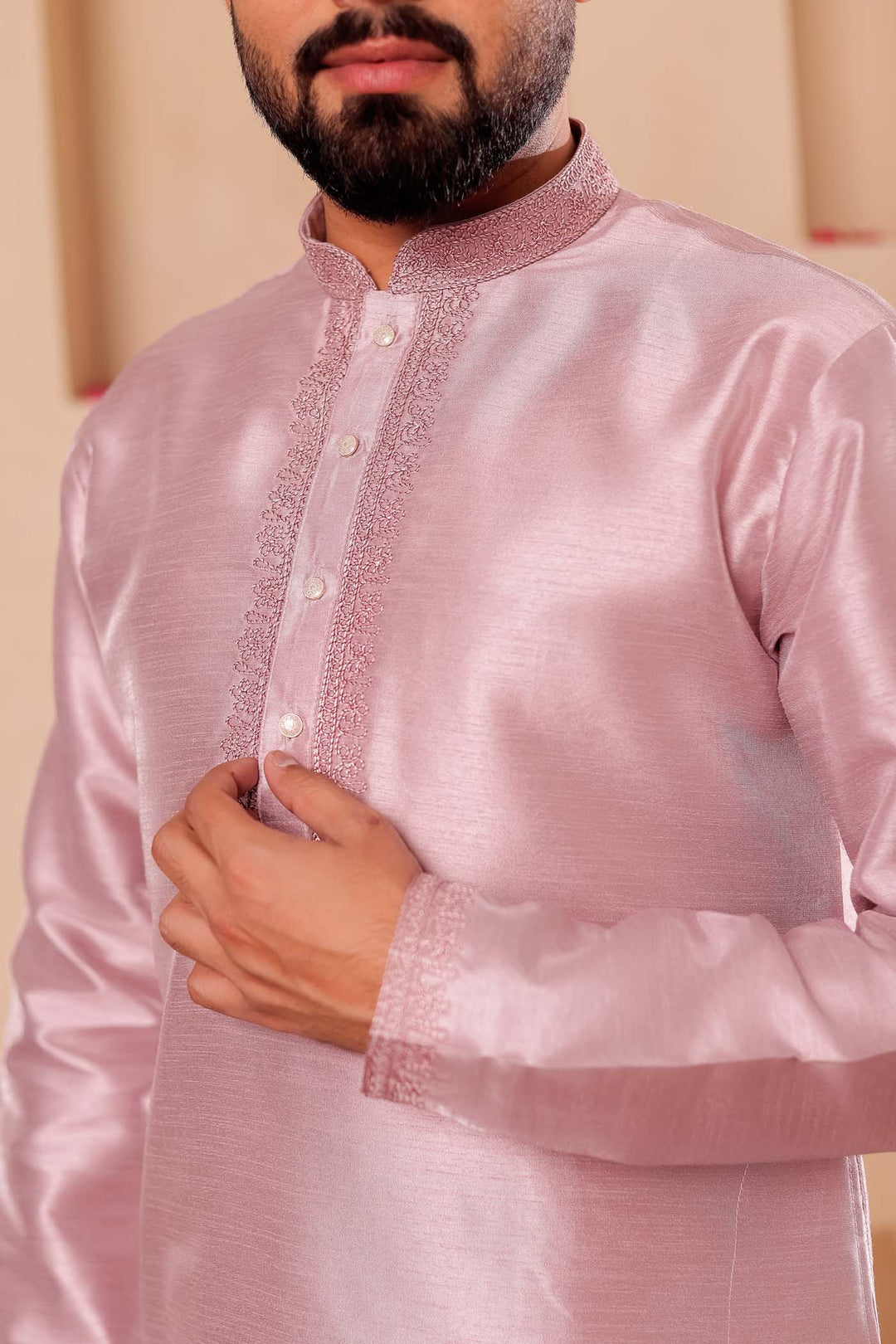 Dusty Lilac Raw Silk Kurta Suit with Intricate work on neckline.