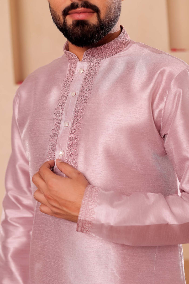 Dusty Lilac Raw Silk Kurta Suit with Intricate work on neckline.