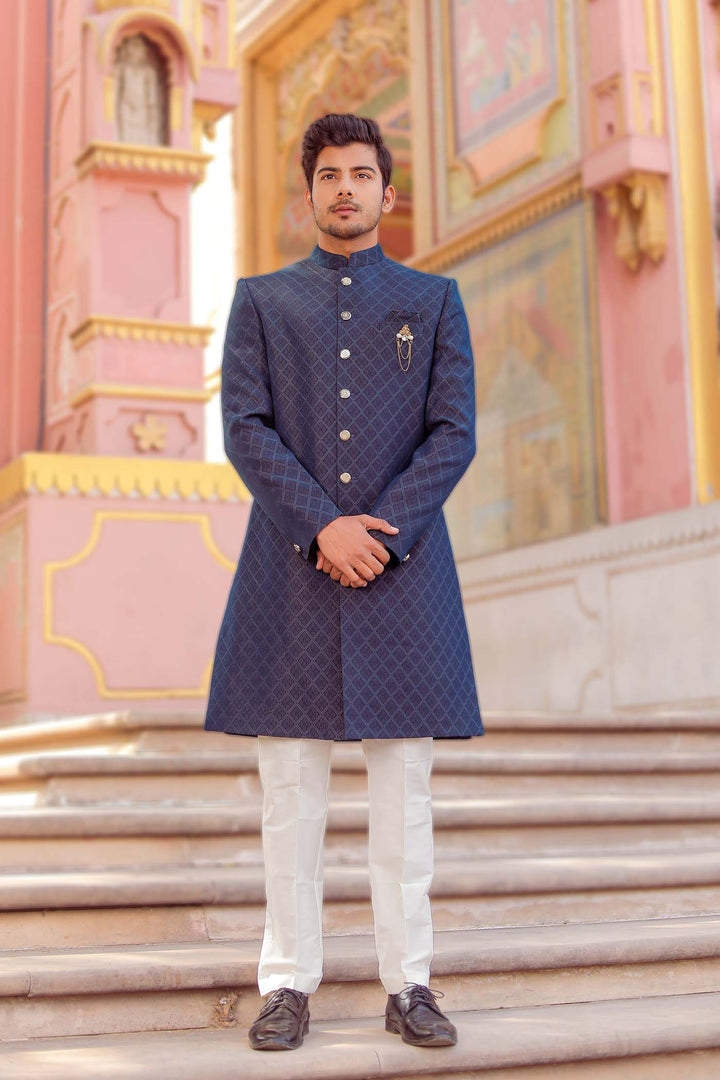 Navy Brocade Silk Indo-Western Suit