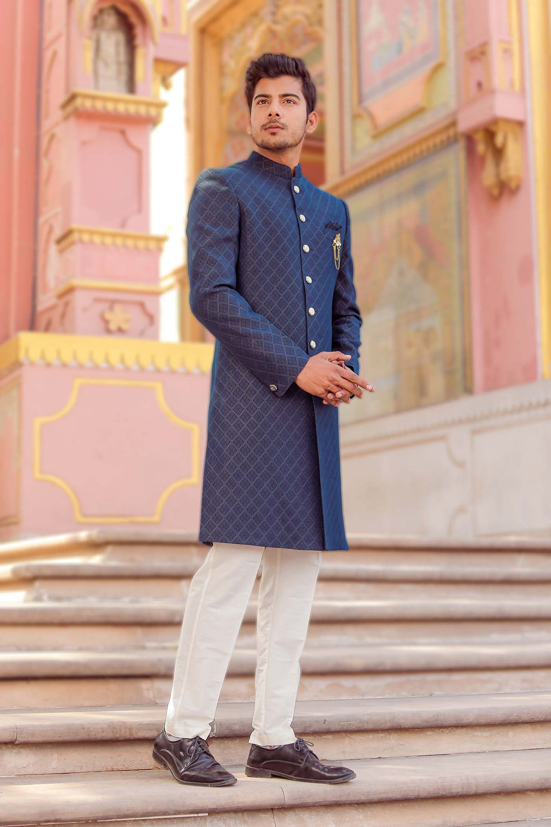 Navy Brocade Silk Indo-Western Suit