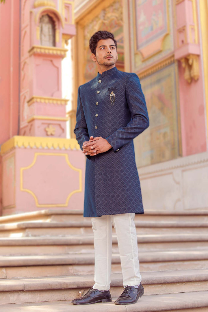 Navy Brocade Silk Indo-Western Suit