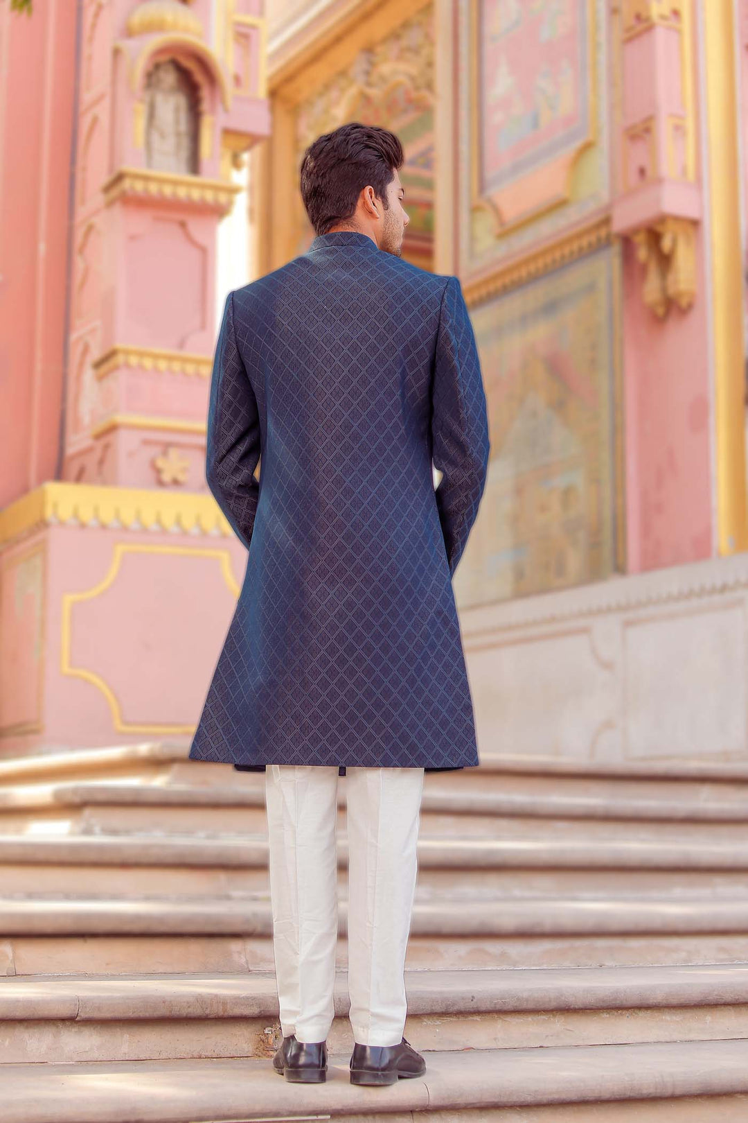 Navy Brocade Silk Indo-Western Suit