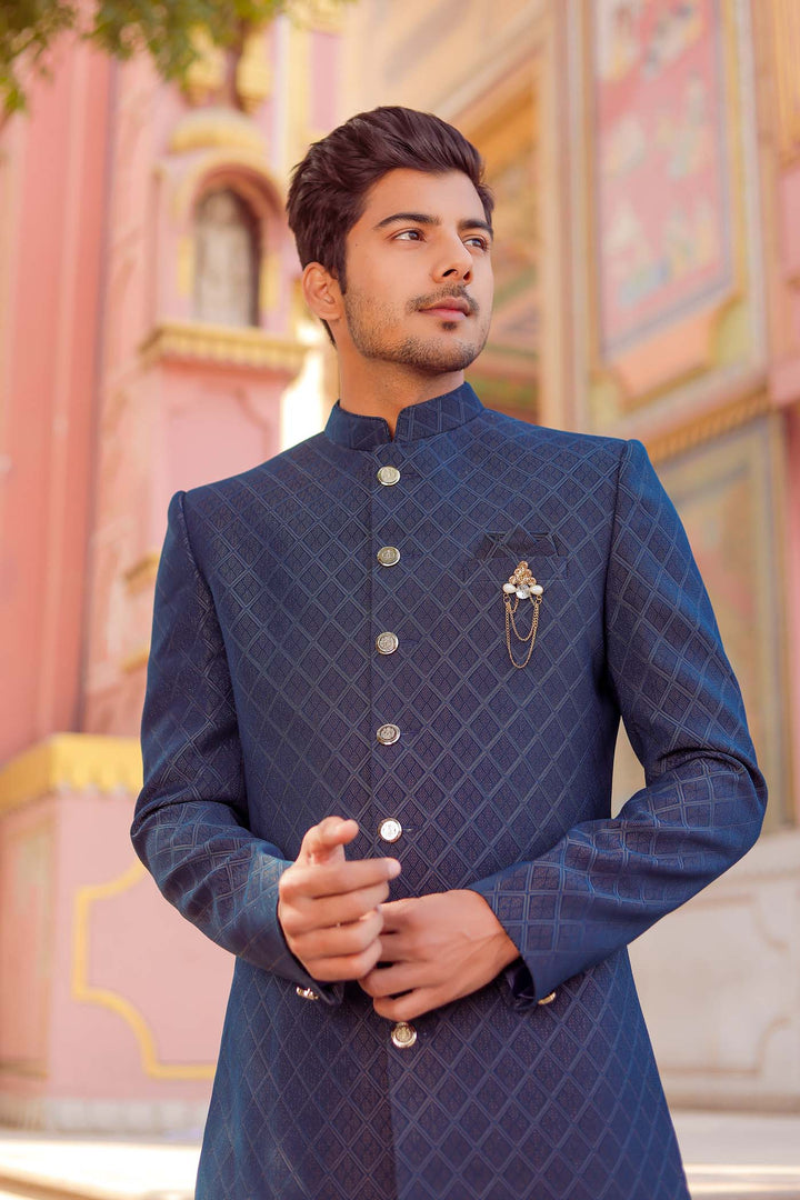 Navy Brocade Silk Indo-Western Suit