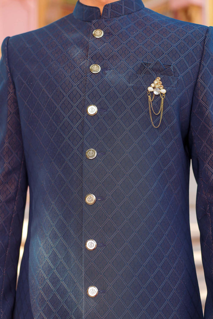 Navy Brocade Silk Indo-Western Suit