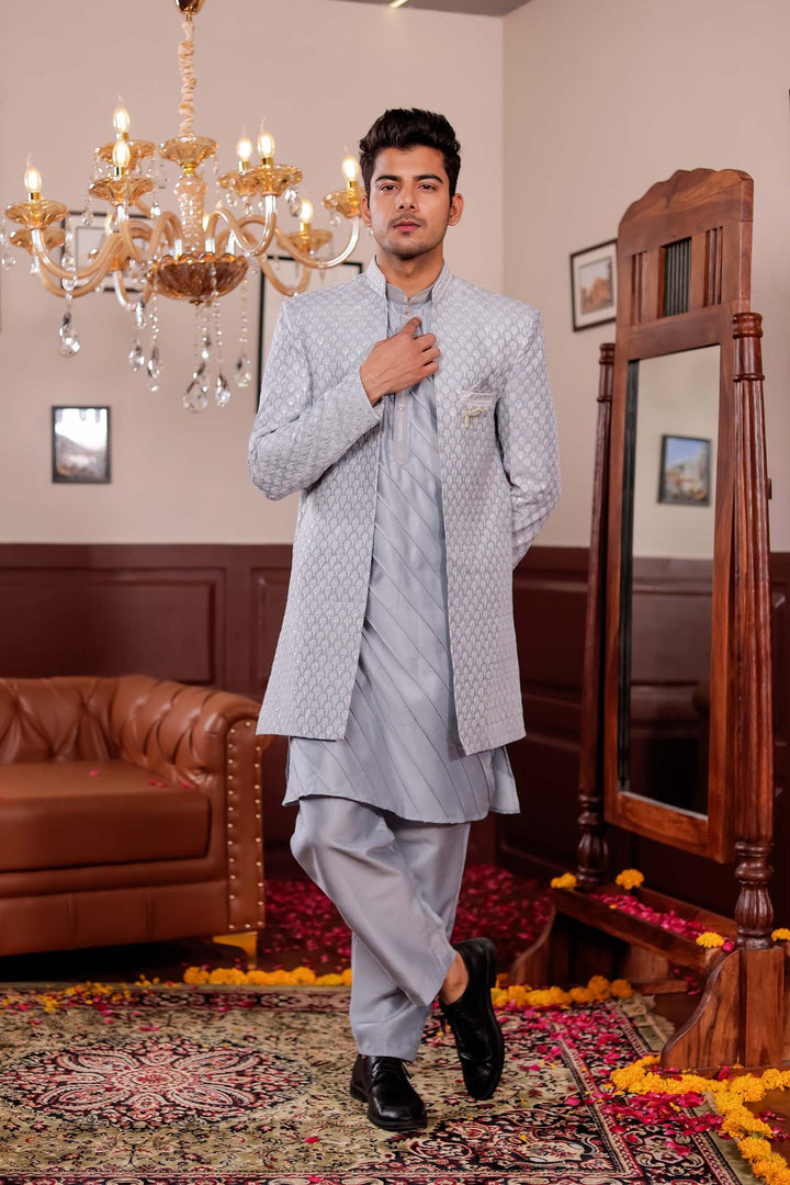Light Grey Lucknowi Silk Jacket Style Indo-Western Suit