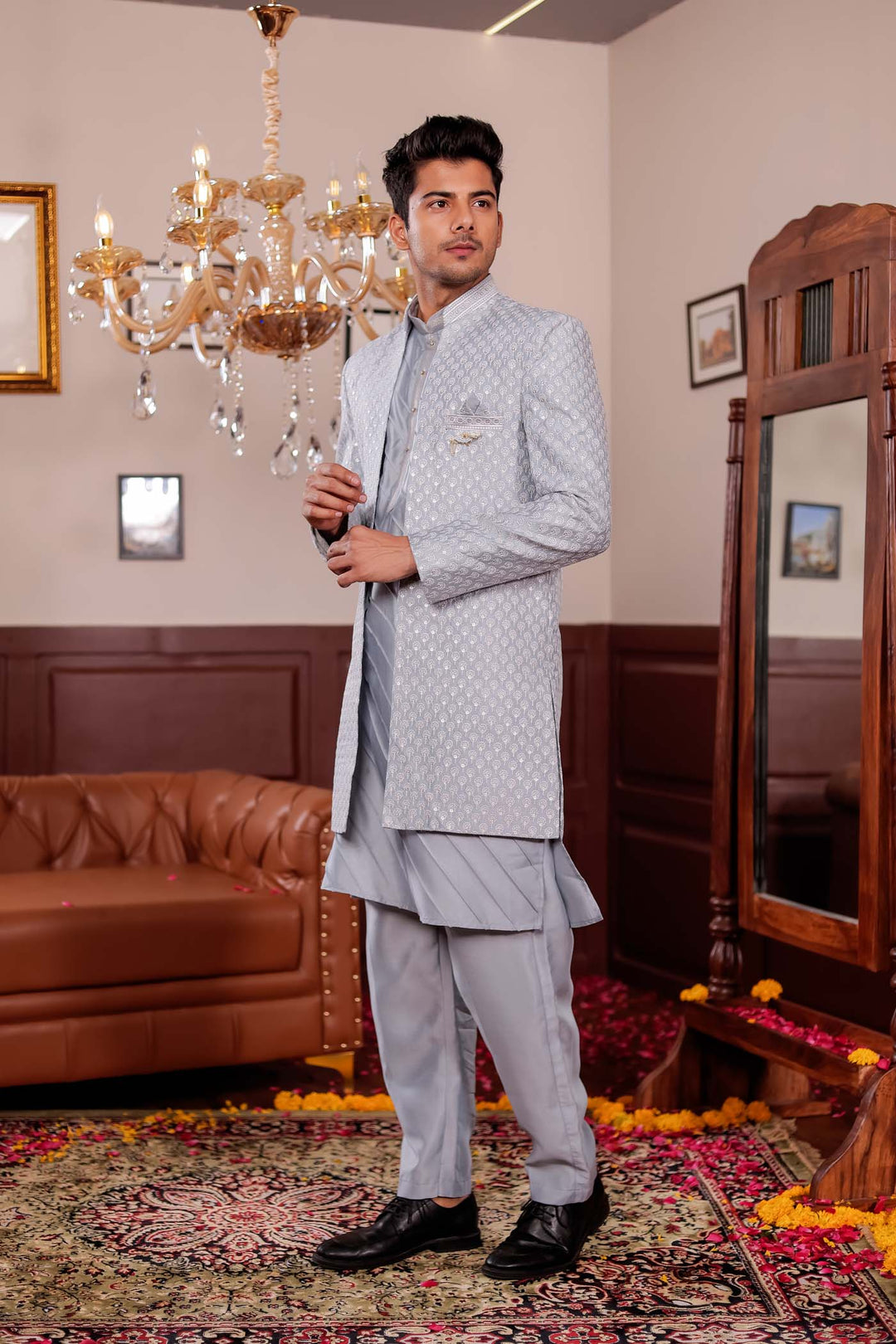 Light Grey Lucknowi Silk Jacket Style Indo-Western Suit