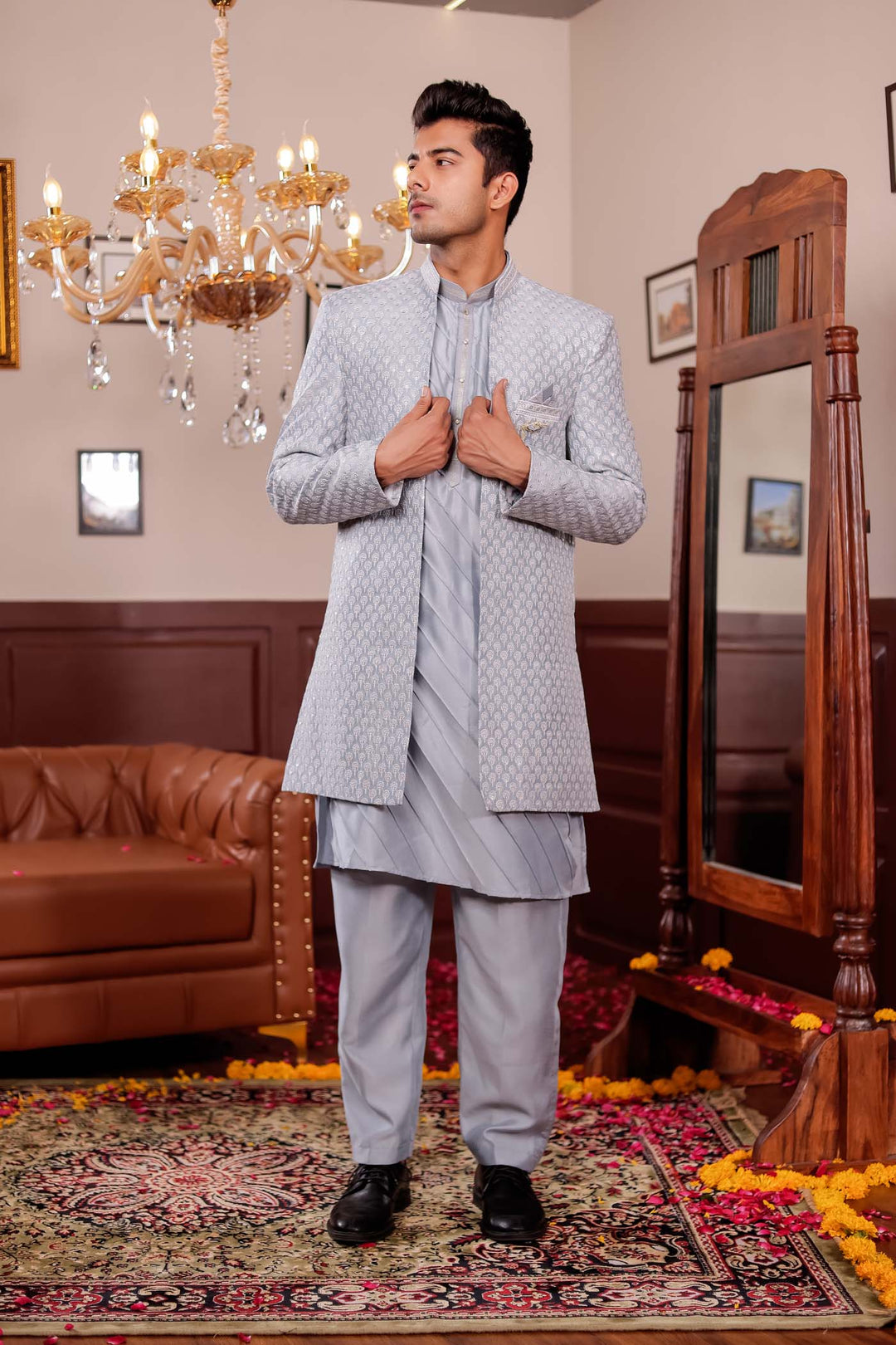 Light Grey Lucknowi Silk Jacket Style Indo-Western Suit