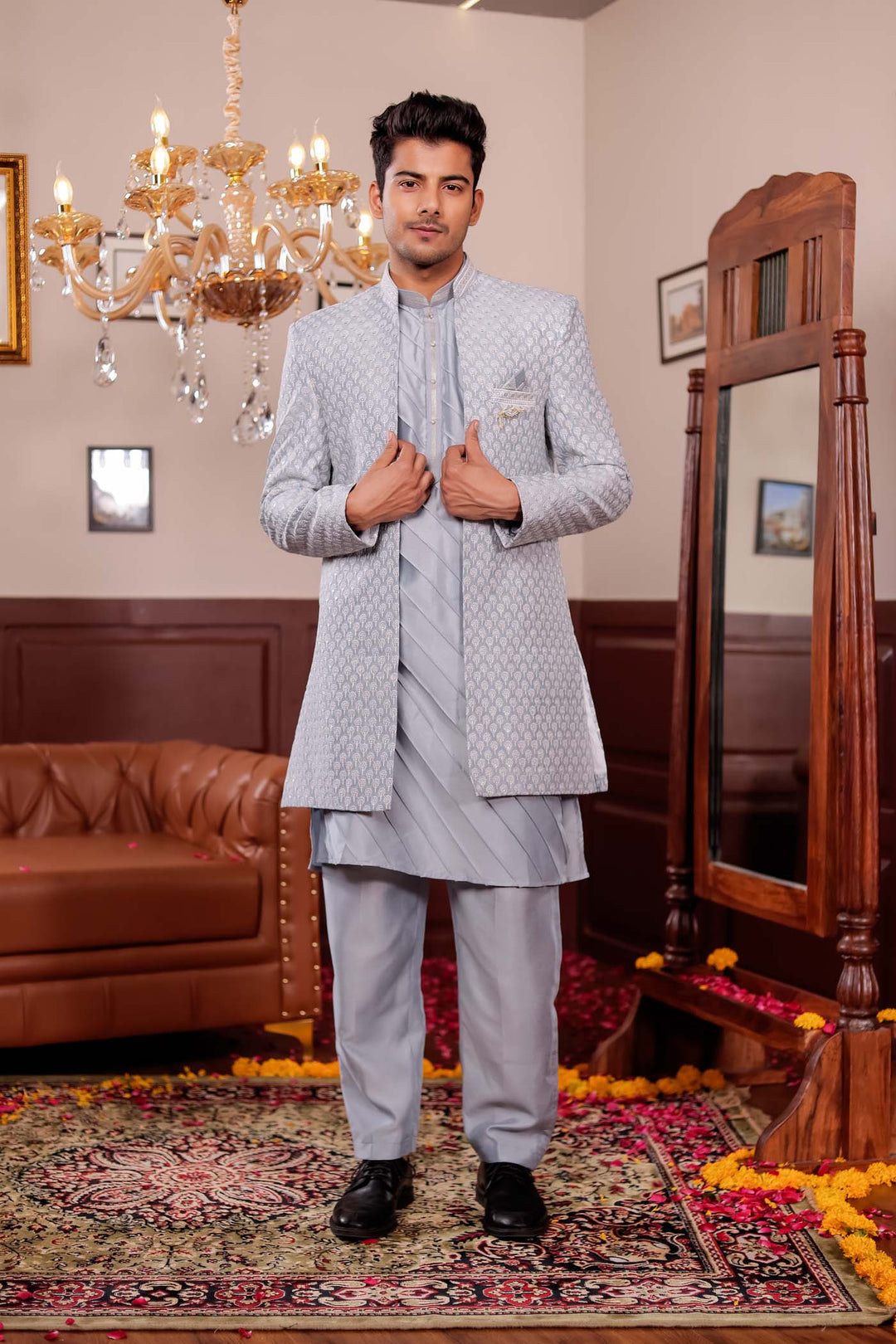 Light Grey Lucknowi Silk Jacket Style Indo-Western Suit