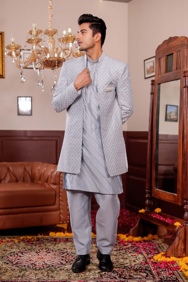Light Grey Lucknowi Silk Jacket Style Indo-Western Suit