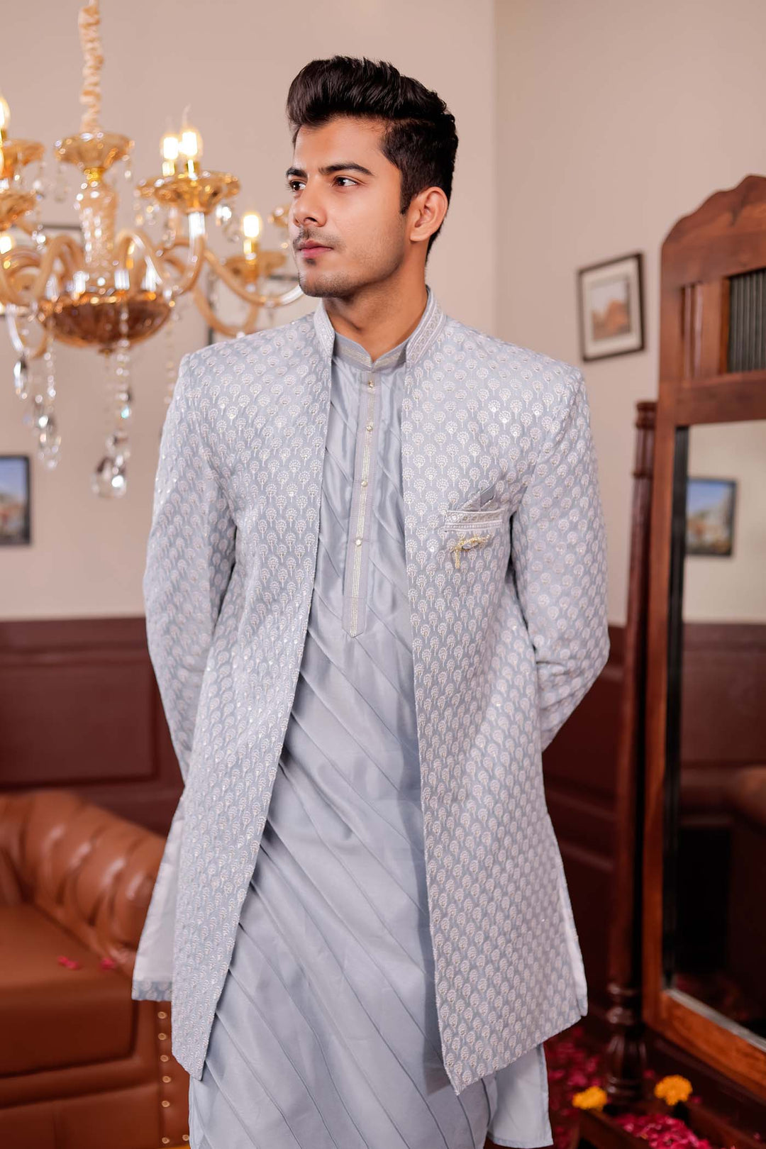 Light Grey Lucknowi Silk Jacket Style Indo-Western Suit