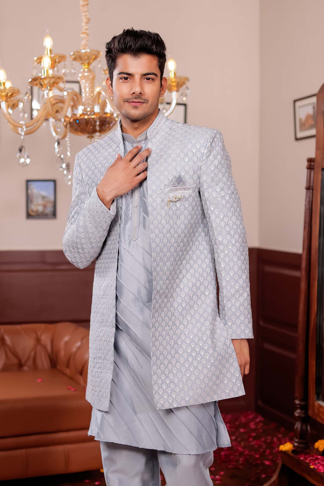Light Grey Lucknowi Silk Jacket Style Indo-Western Suit