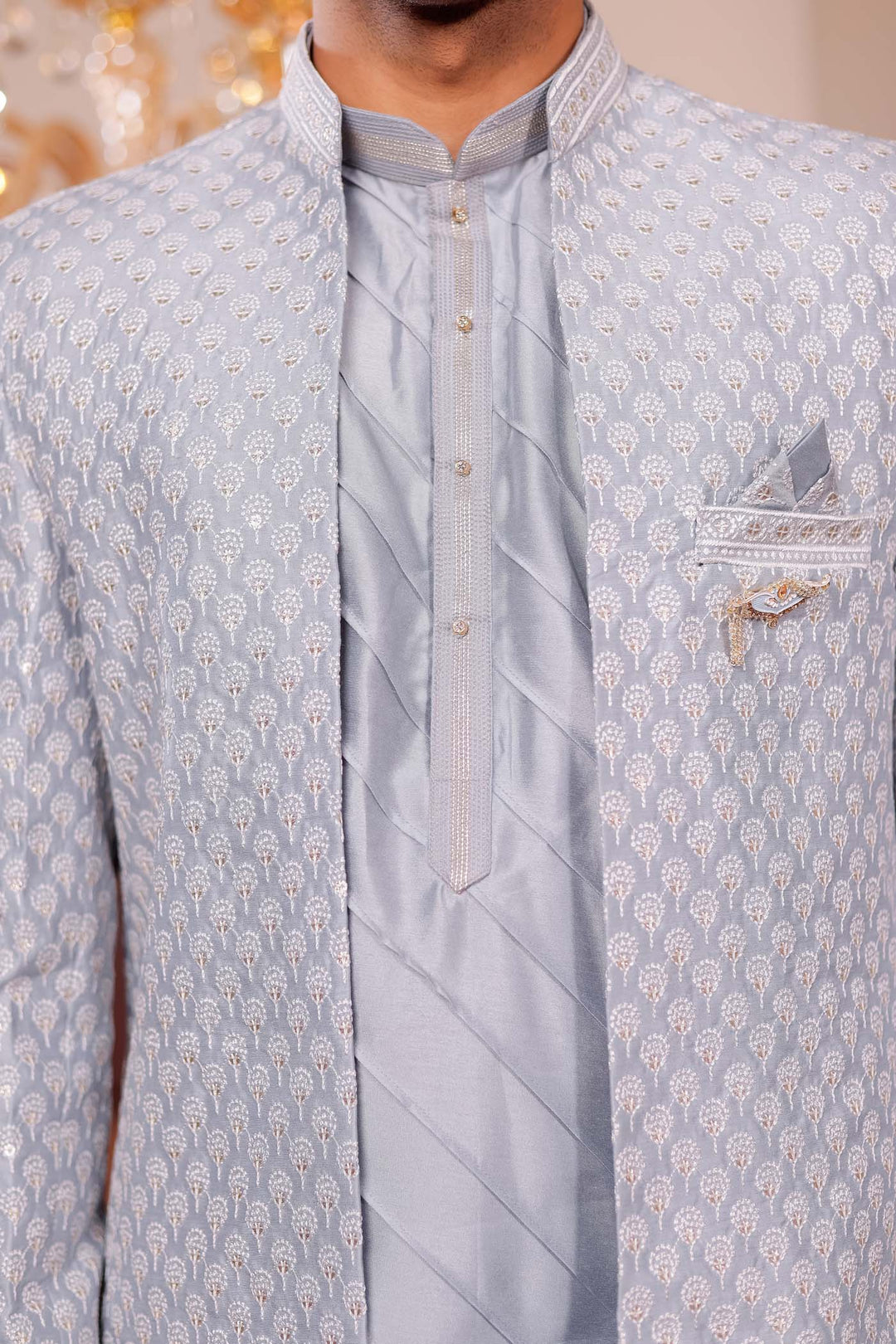 Light Grey Lucknowi Silk Jacket Style Indo-Western Suit