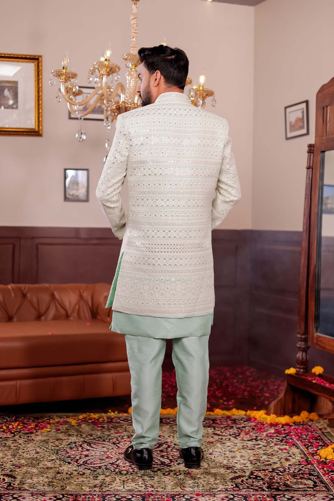 Mint Green Lucknowi Open Jacket Style Indo-western Suit