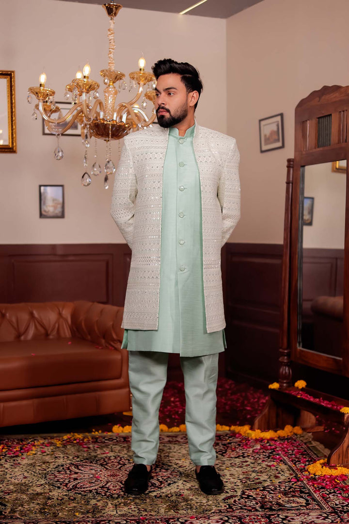 Mint Green Lucknowi Open Jacket Style Indo-western Suit