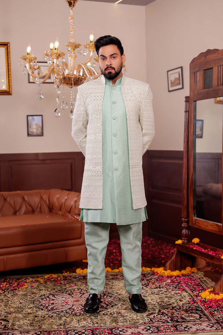 Mint Green Lucknowi Open Jacket Style Indo-western Suit