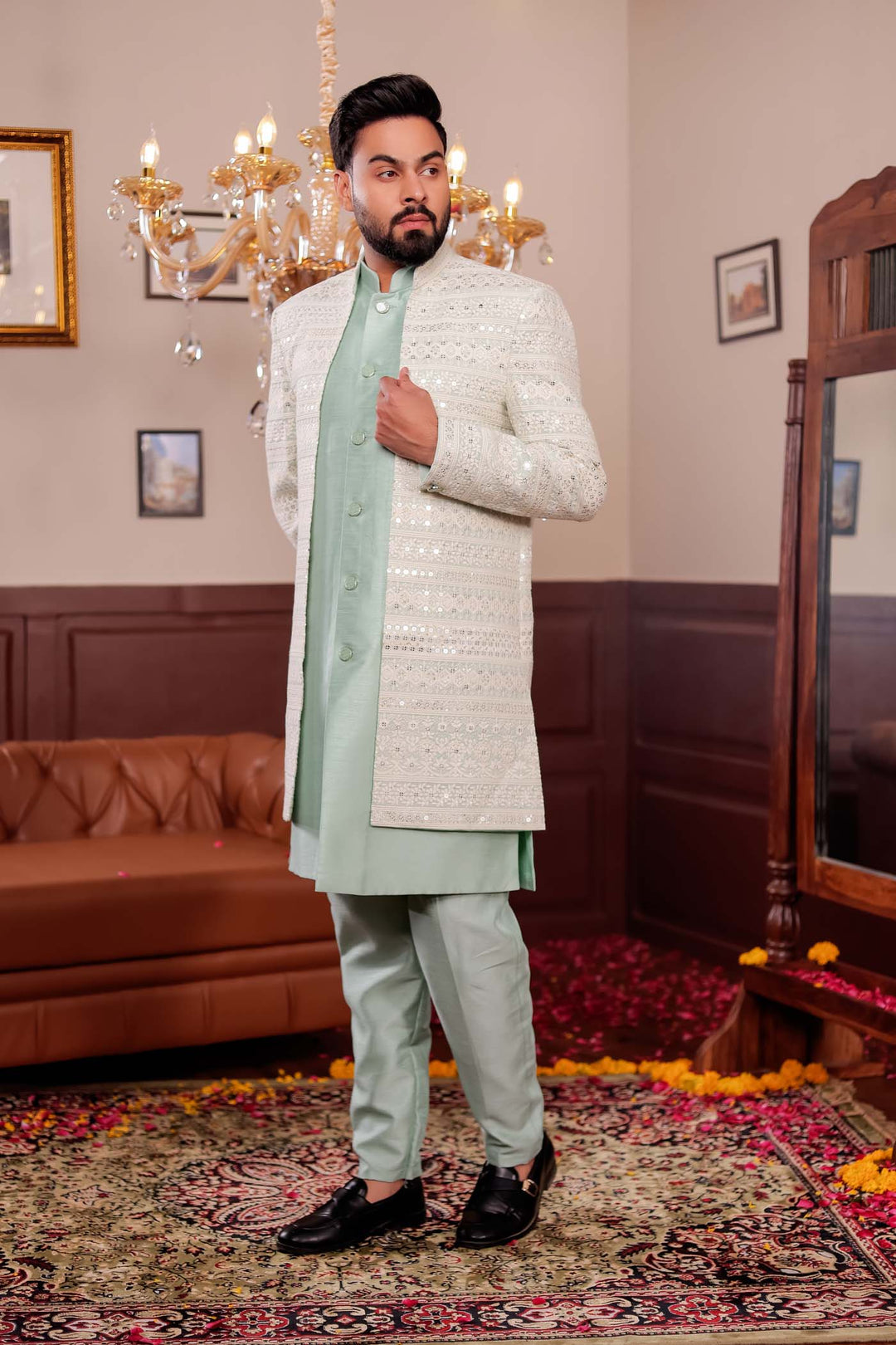 Mint Green Lucknowi Open Jacket Style Indo-western Suit