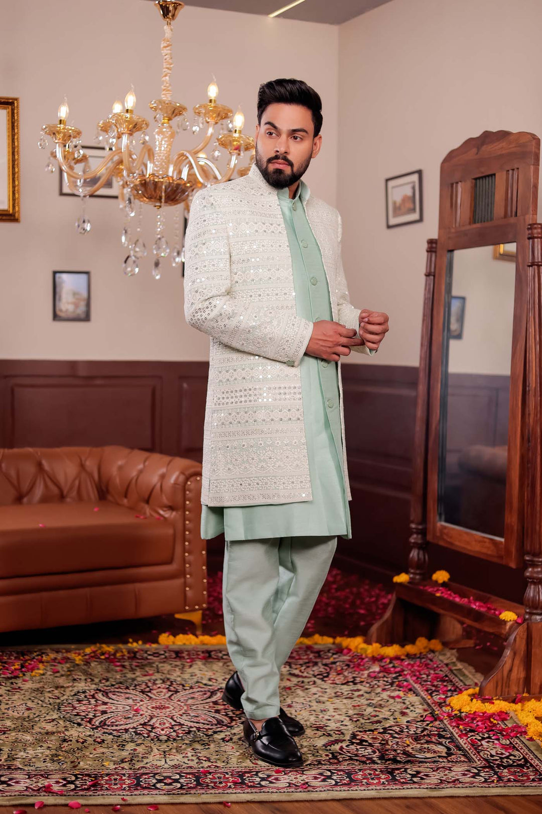 Mint Green Lucknowi Open Jacket Style Indo-western Suit