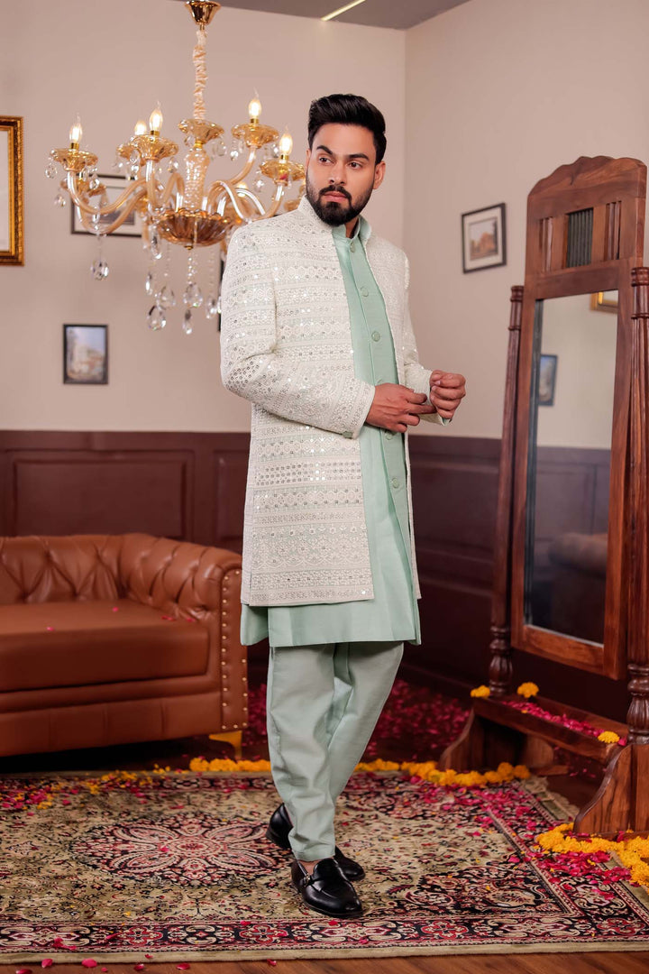 Mint Green Lucknowi Open Jacket Style Indo-western Suit