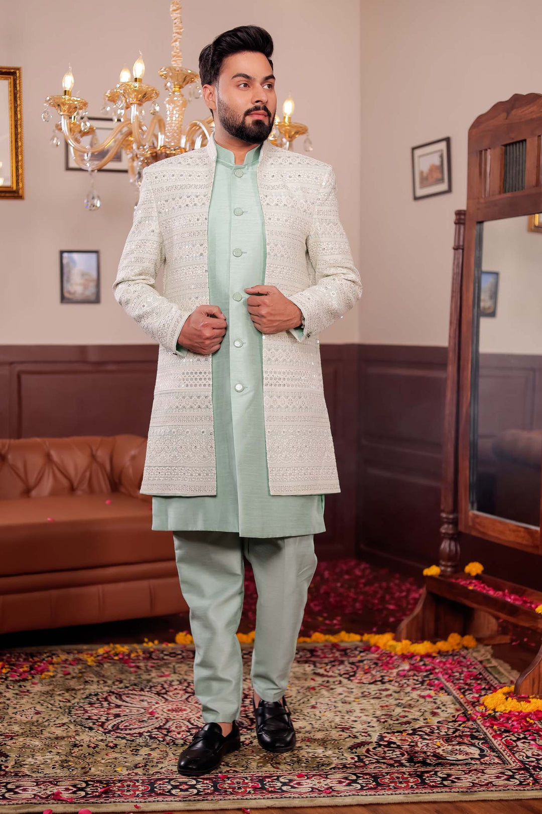 Mint Green Lucknowi Open Jacket Style Indo-western Suit
