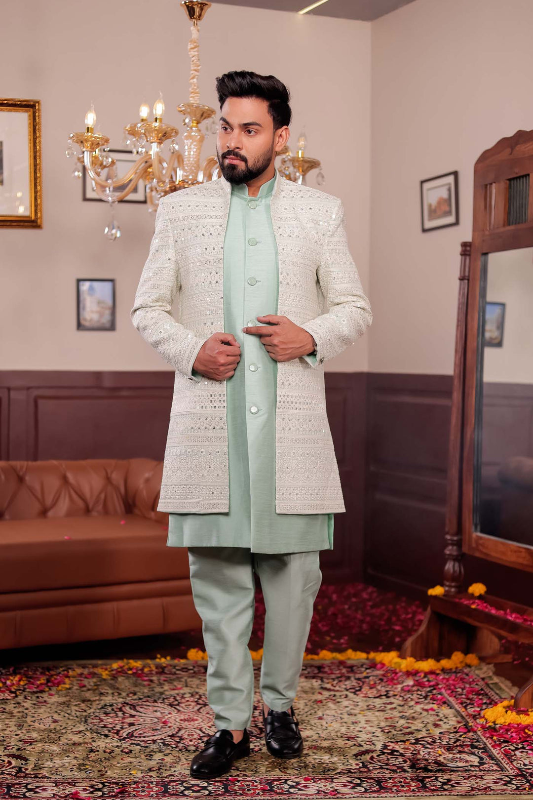 Mint Green Lucknowi Open Jacket Style Indo-western Suit