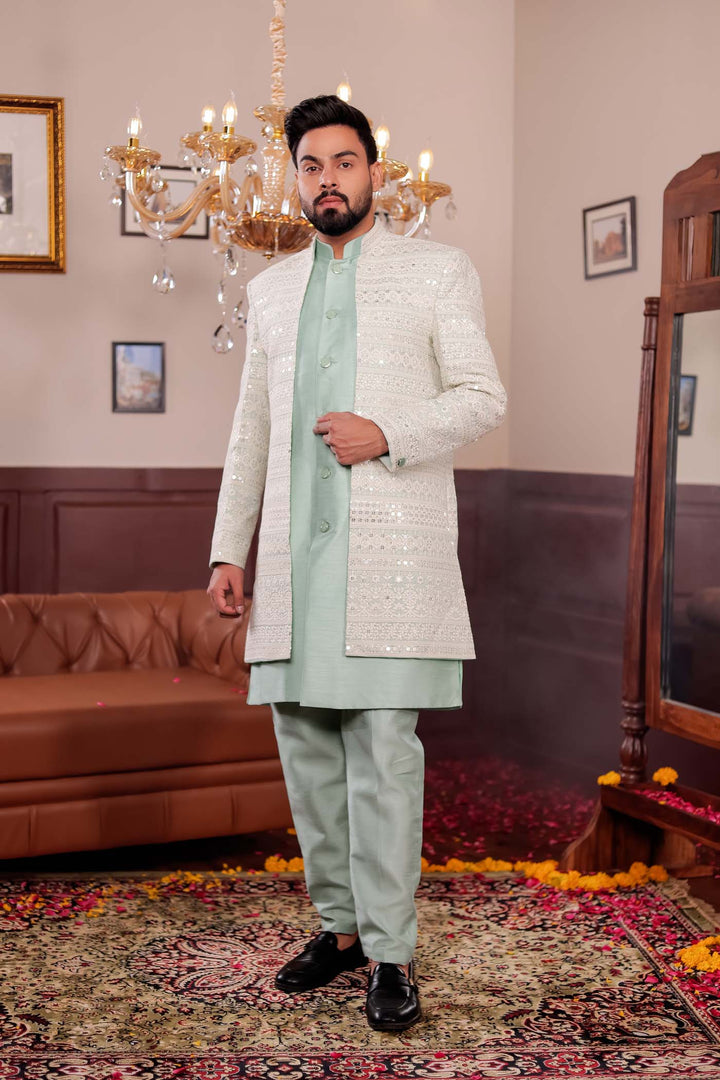 Mint Green Lucknowi Open Jacket Style Indo-western Suit